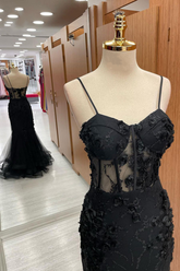 Sweetheart Straps Mermaid Appliques Tulle Long Prom Dress
